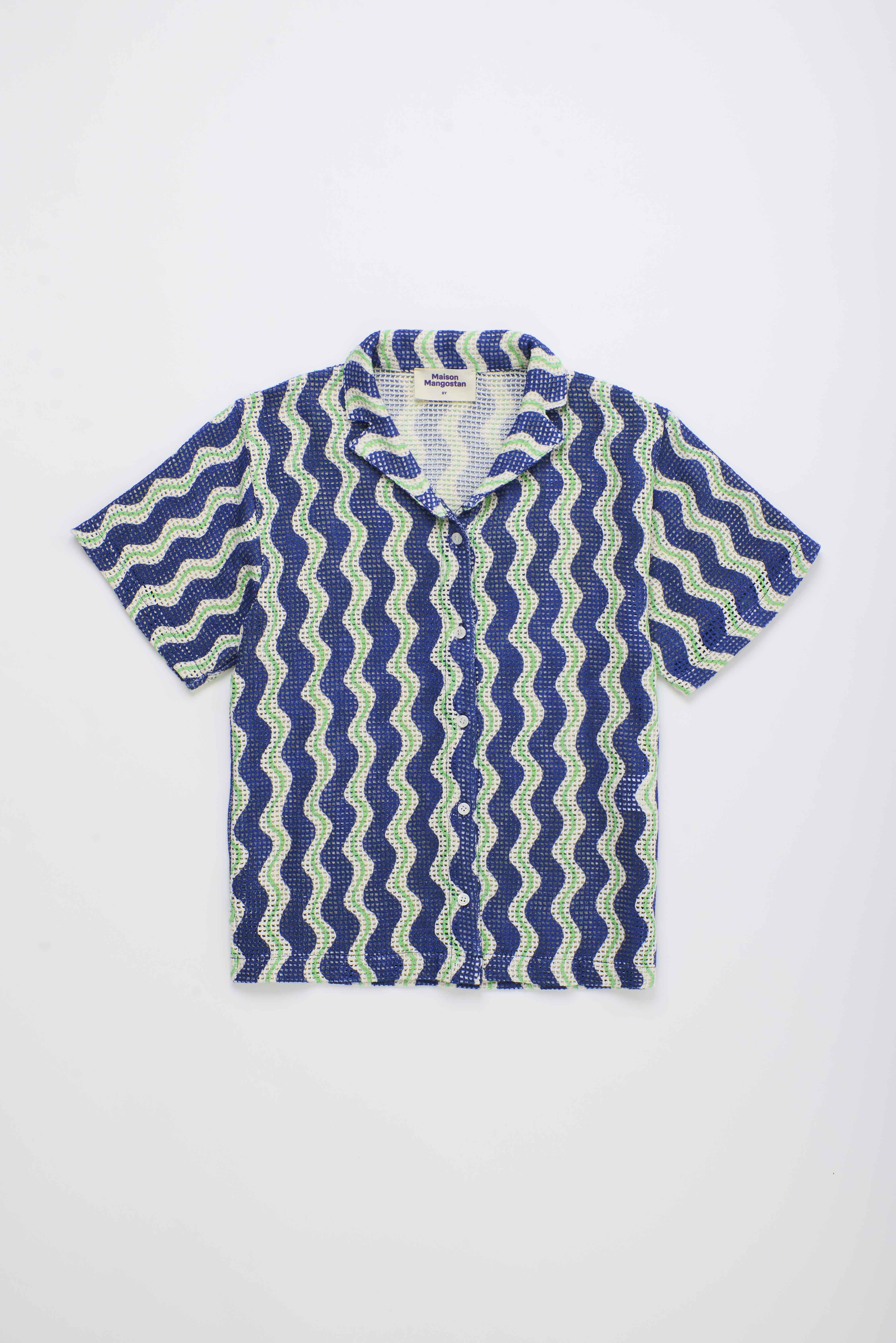 トップス maison mangostan TABLE CLOTH SHIRT 6Y WAVY MESH SHIRT BLUE