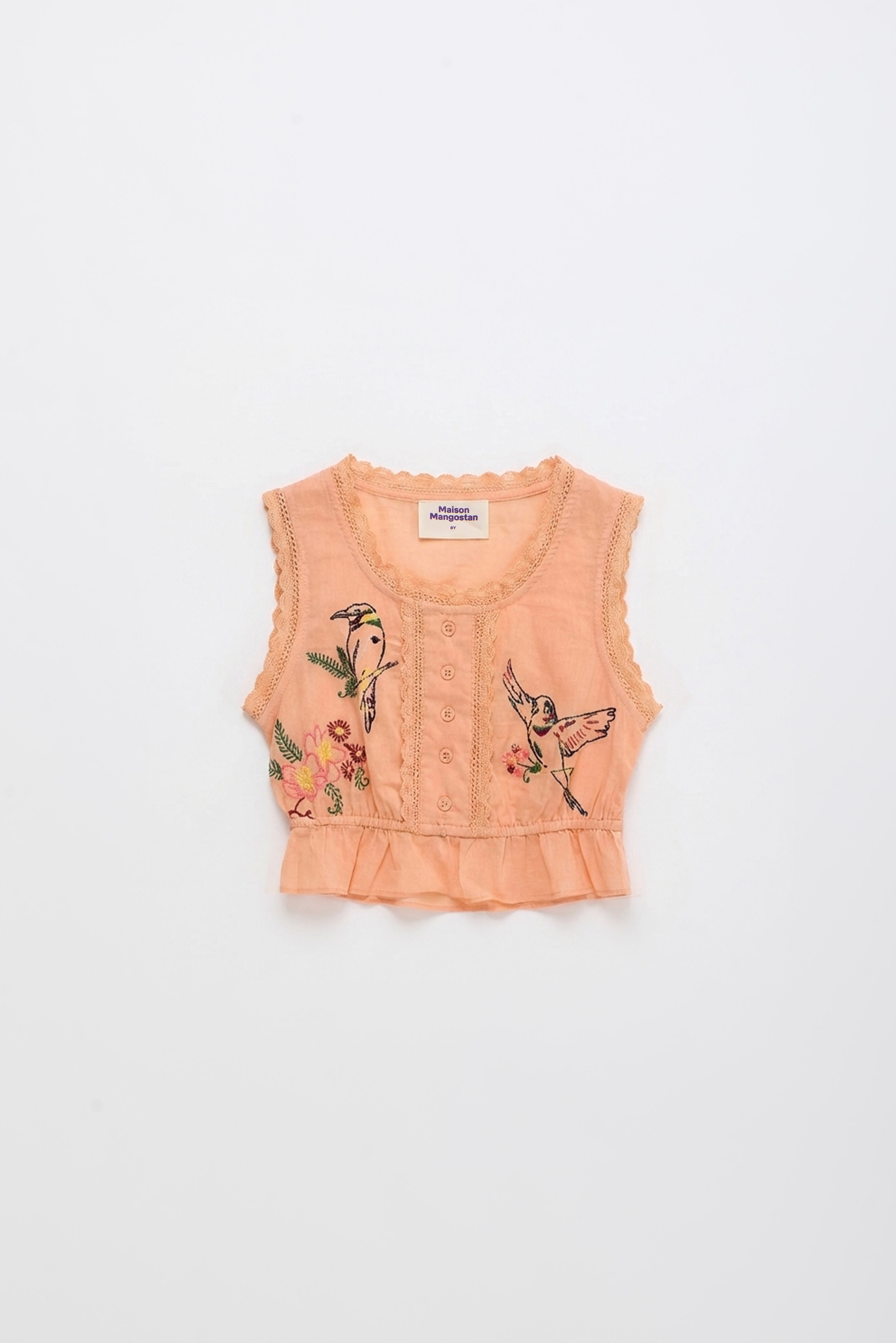 BIRDS EMBROIDERED TOP PEACH
