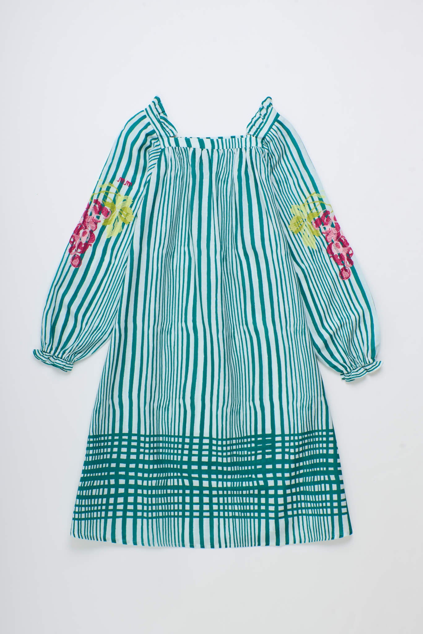 UVAS STRIPED DRESS WITH PUFFY SLEEVES GREEN