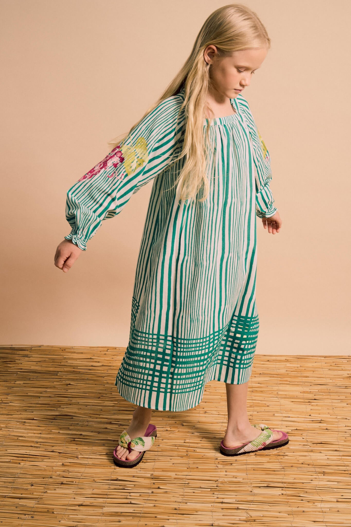 UVAS STRIPED DRESS WITH PUFFY SLEEVES GREEN