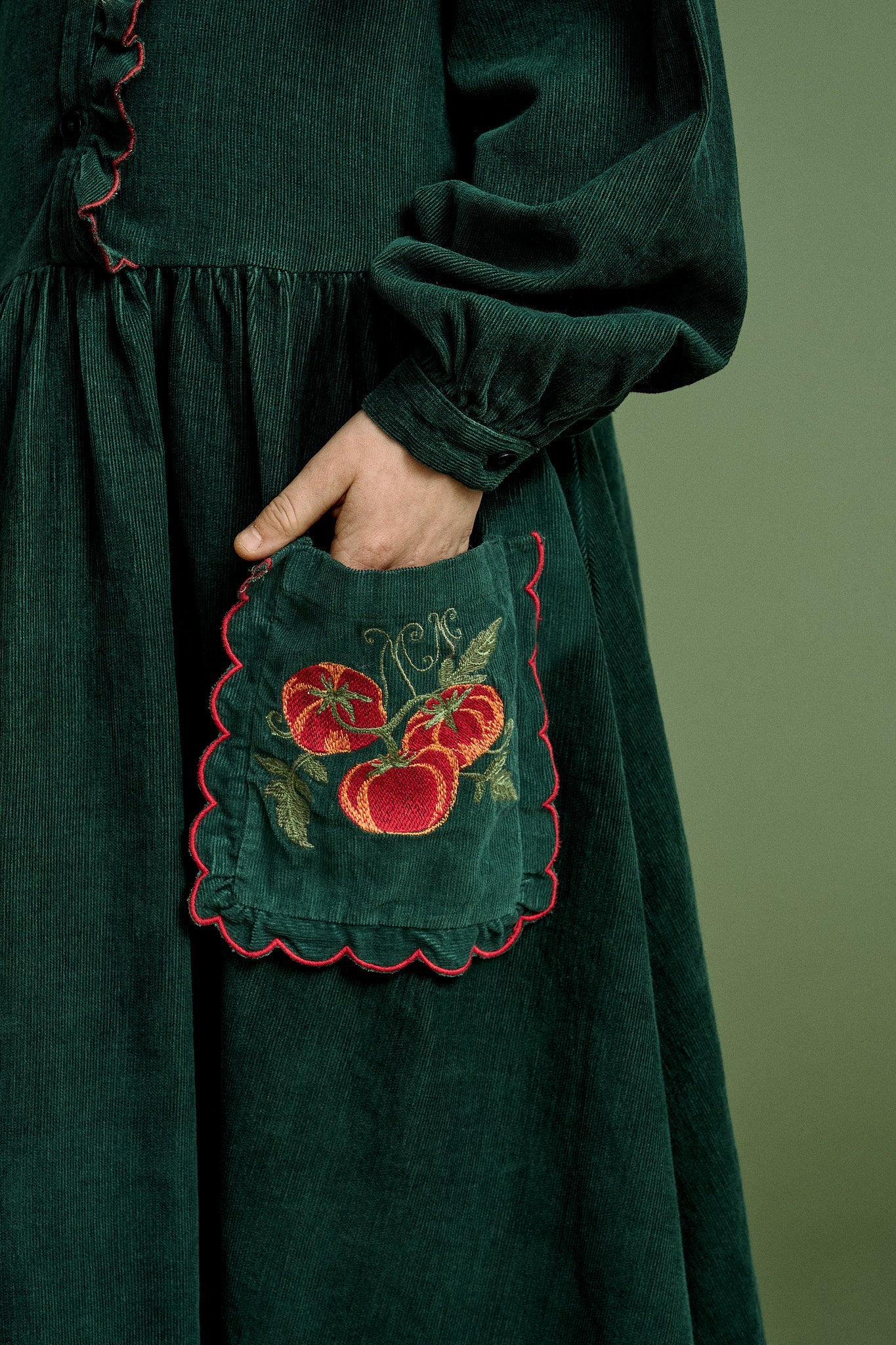 VEGETABLES EMBROIDERY MICROCORDUROY DRESS GREEN