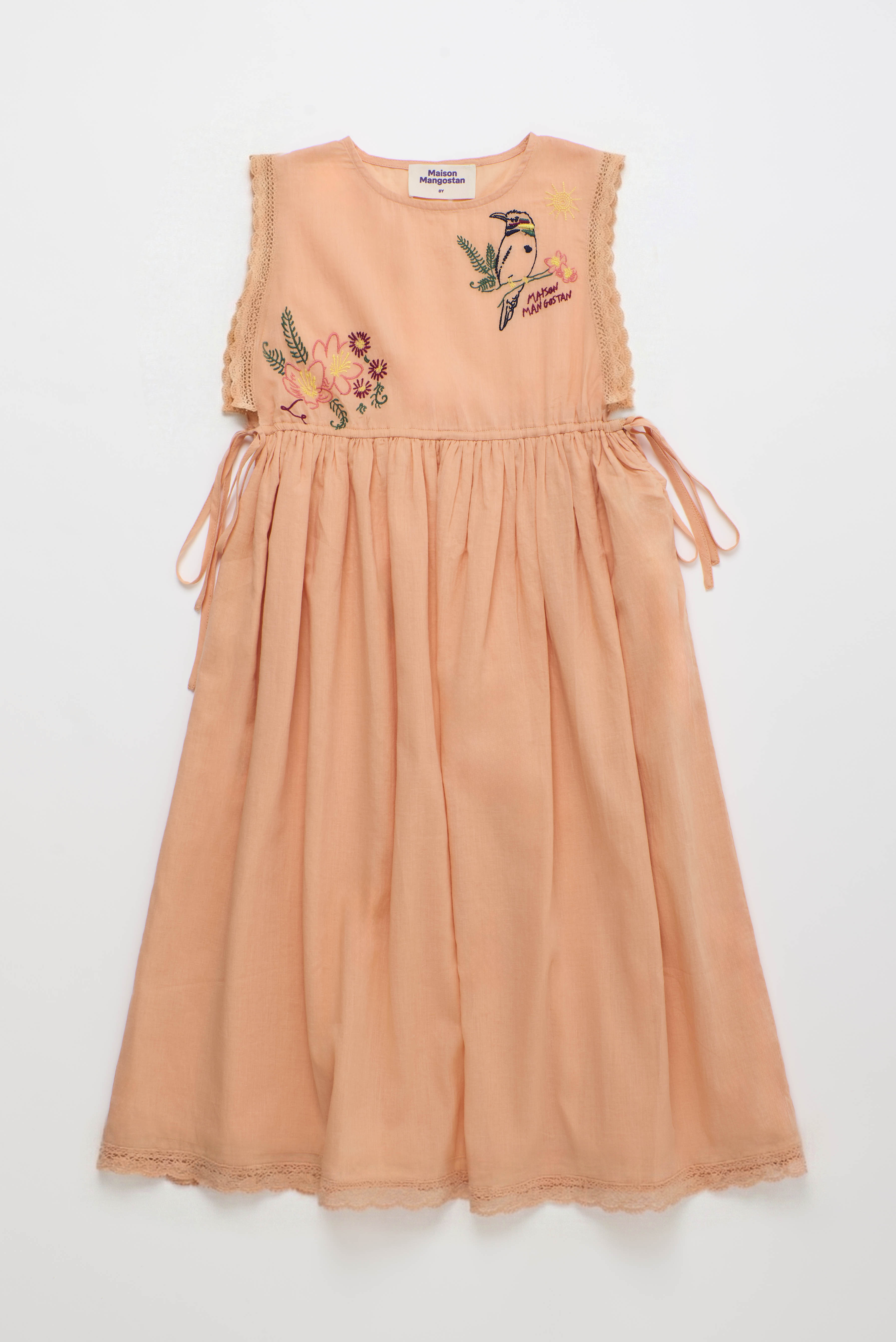 BIRDS EMBROIDERED DRESS PEACH