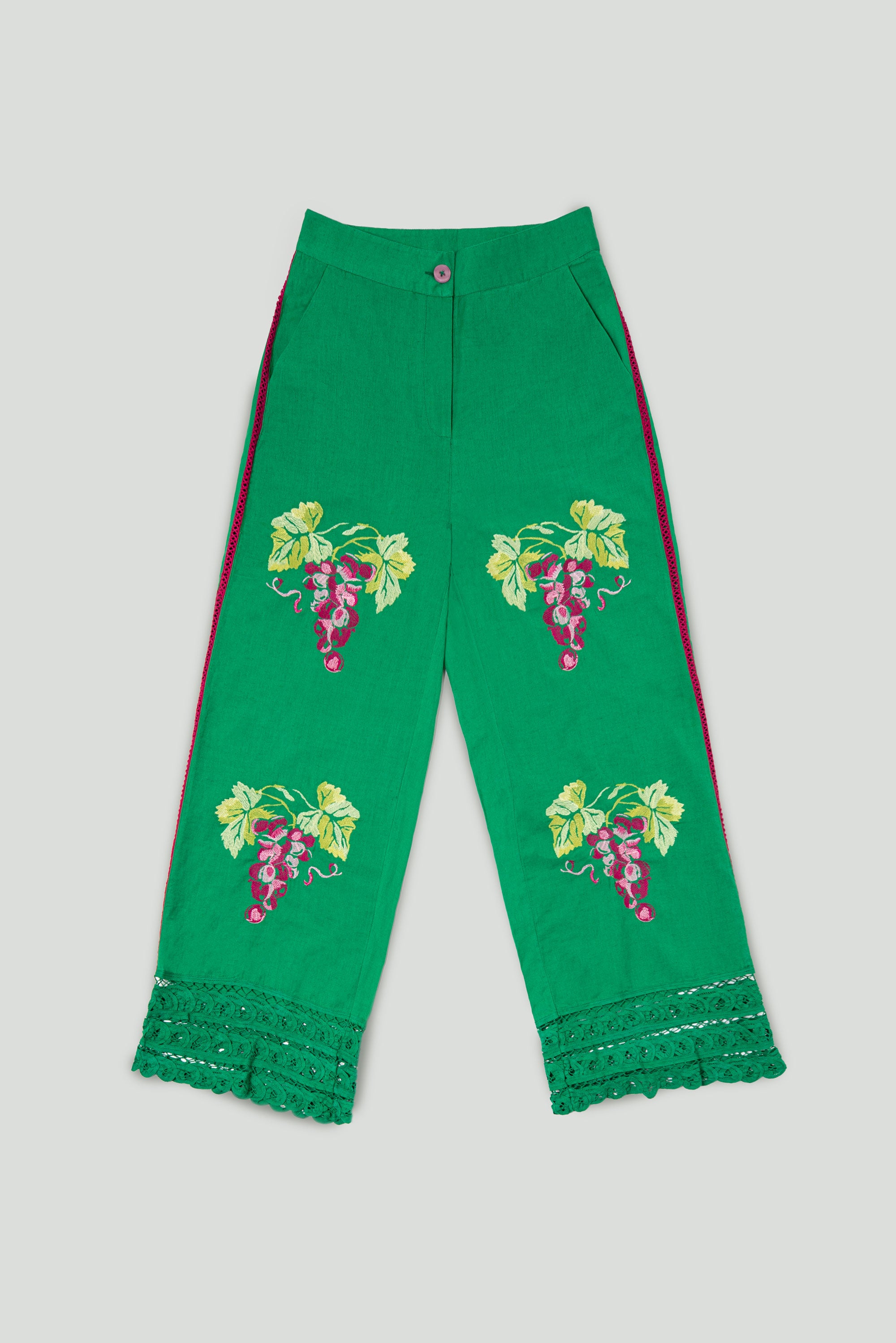 GREEN EMBROIDERY GRAPES TROUSERS