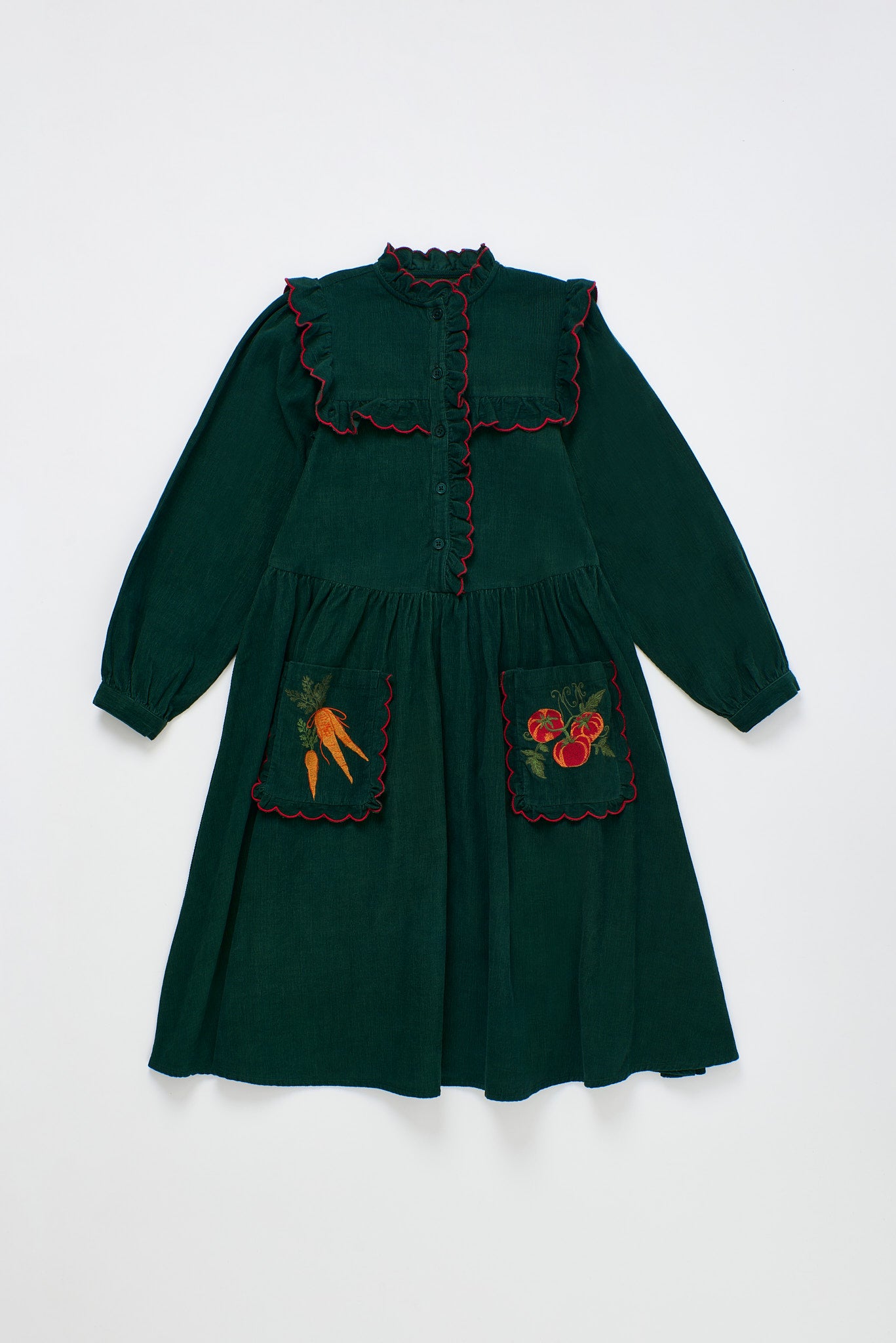 VEGETABLES EMBROIDERY MICROCORDUROY DRESS GREEN