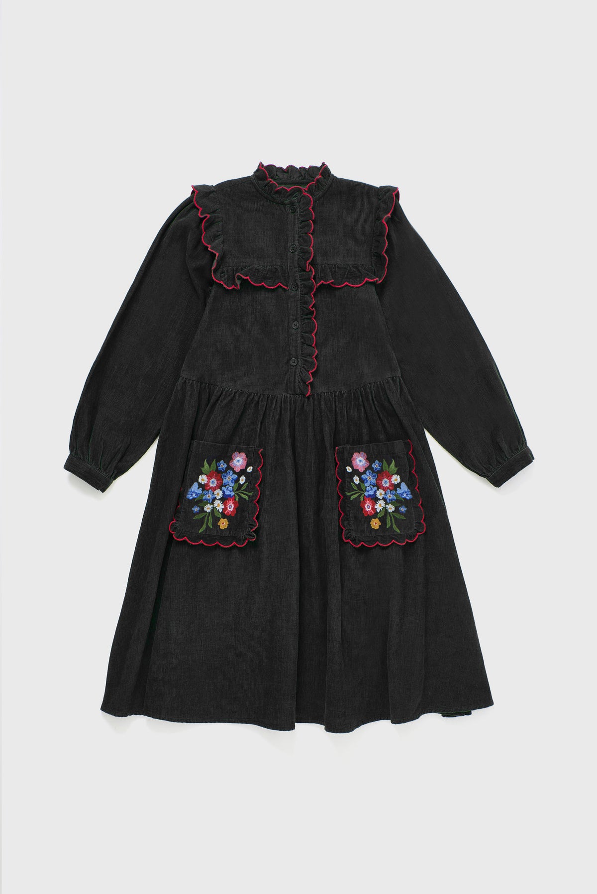FLOWERS EMBROIDERY MICROCORDUROY DRESS BLACK