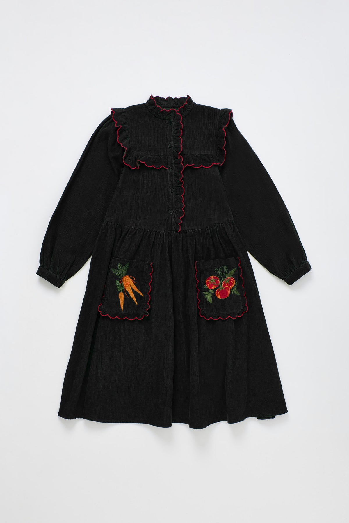 VEGETABLES EMBROIDERY MICROCORDUROY DRESS BLACK