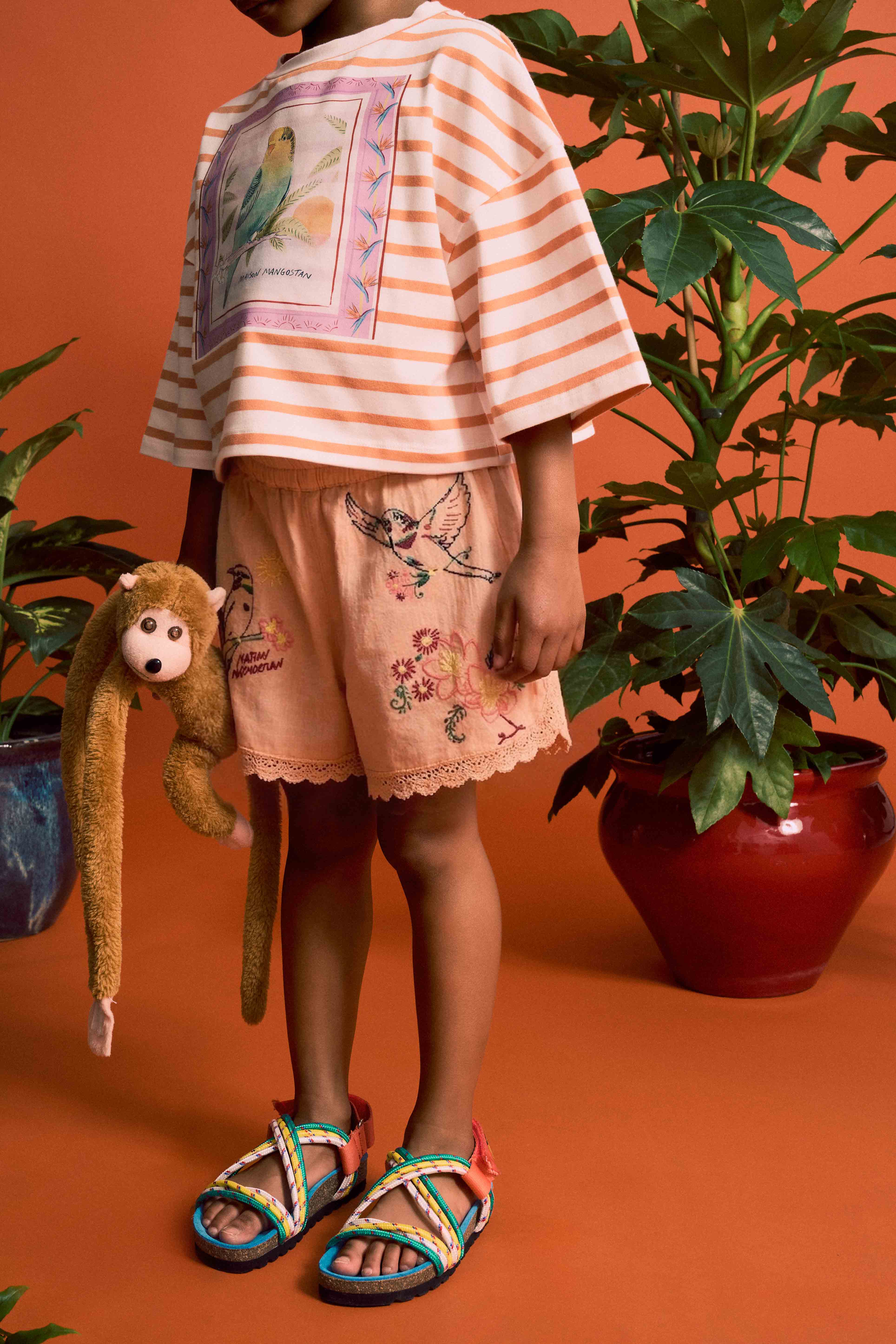 BIRDS EMBROIDERED SHORTS PEACH