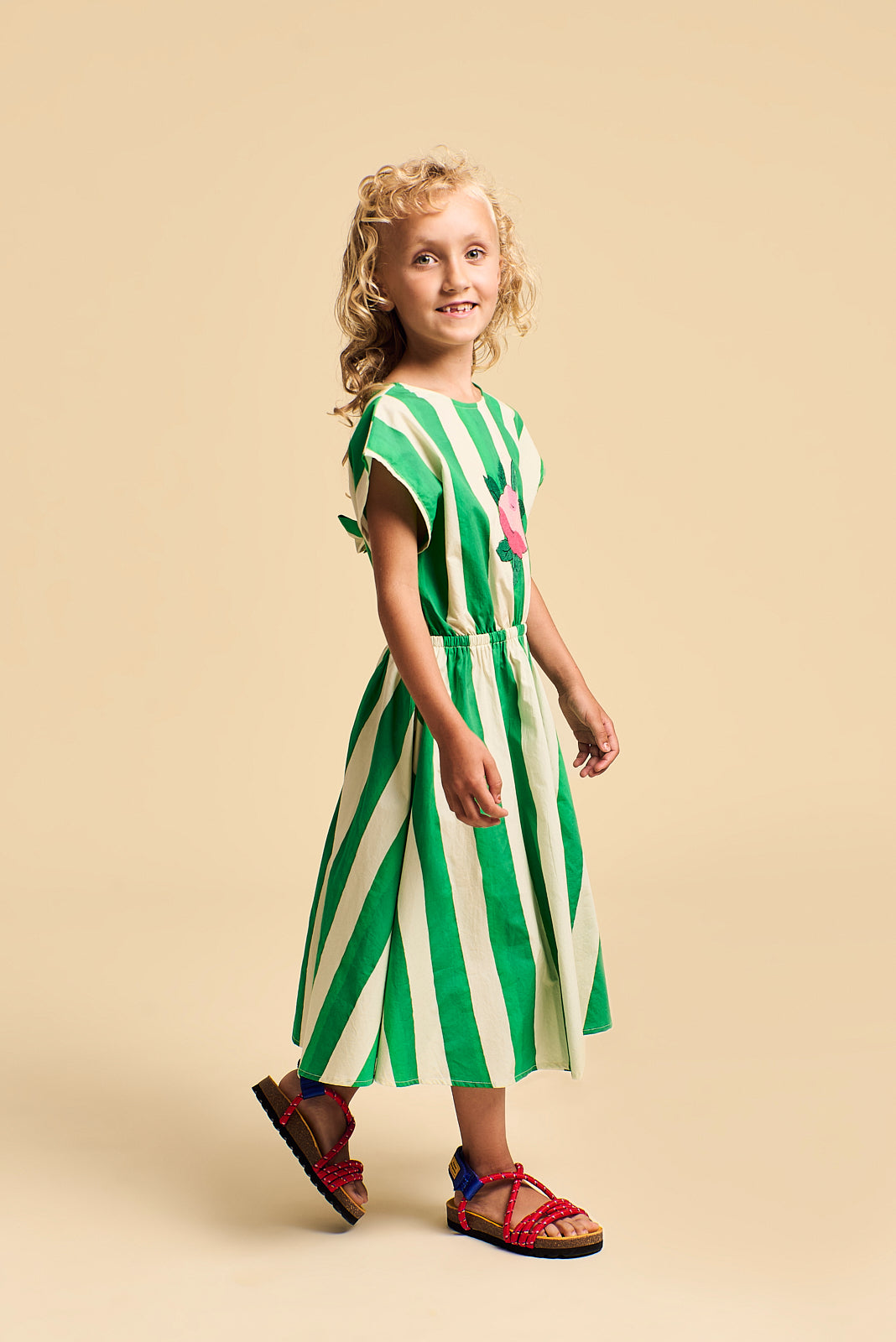 FLOWER STRIPES DRESS WHITE/GREEN