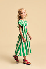 FLOWER STRIPES DRESS WHITE/GREEN