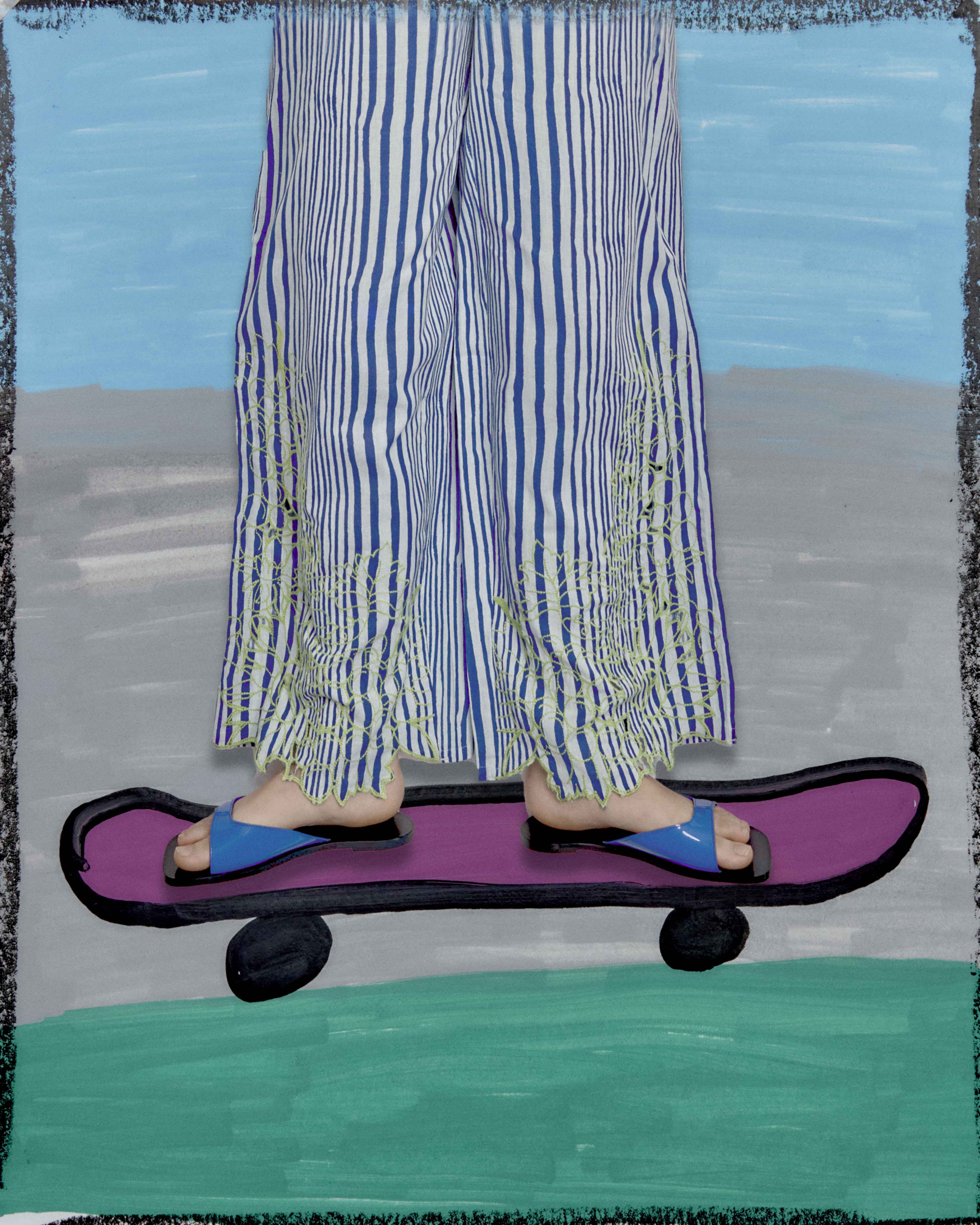 BLUE STRIPES EMBROIDERY GRAPES TROUSERS